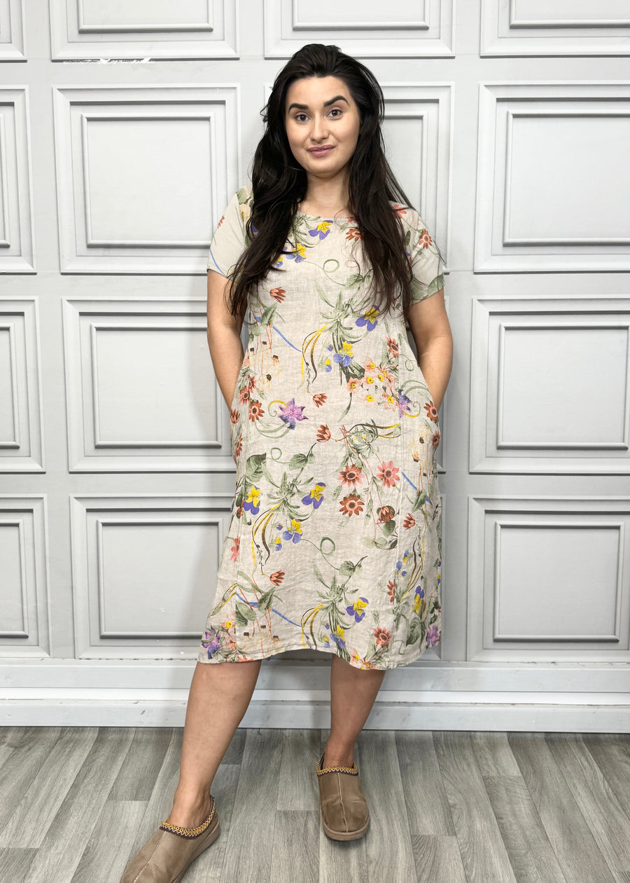 Floral Print Pure Linen Midi Dress with Pockets and Ribbed Stretchy Sides