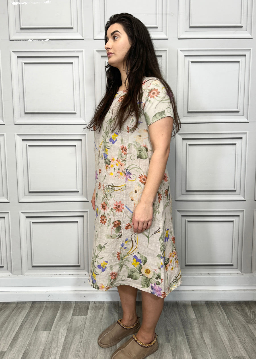 Floral Print Pure Linen Midi Dress with Pockets and Ribbed Stretchy Sides