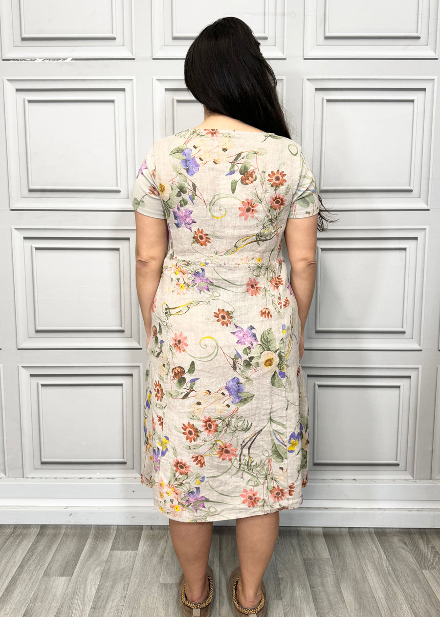 Floral Print Pure Linen Midi Dress with Pockets and Ribbed Stretchy Sides