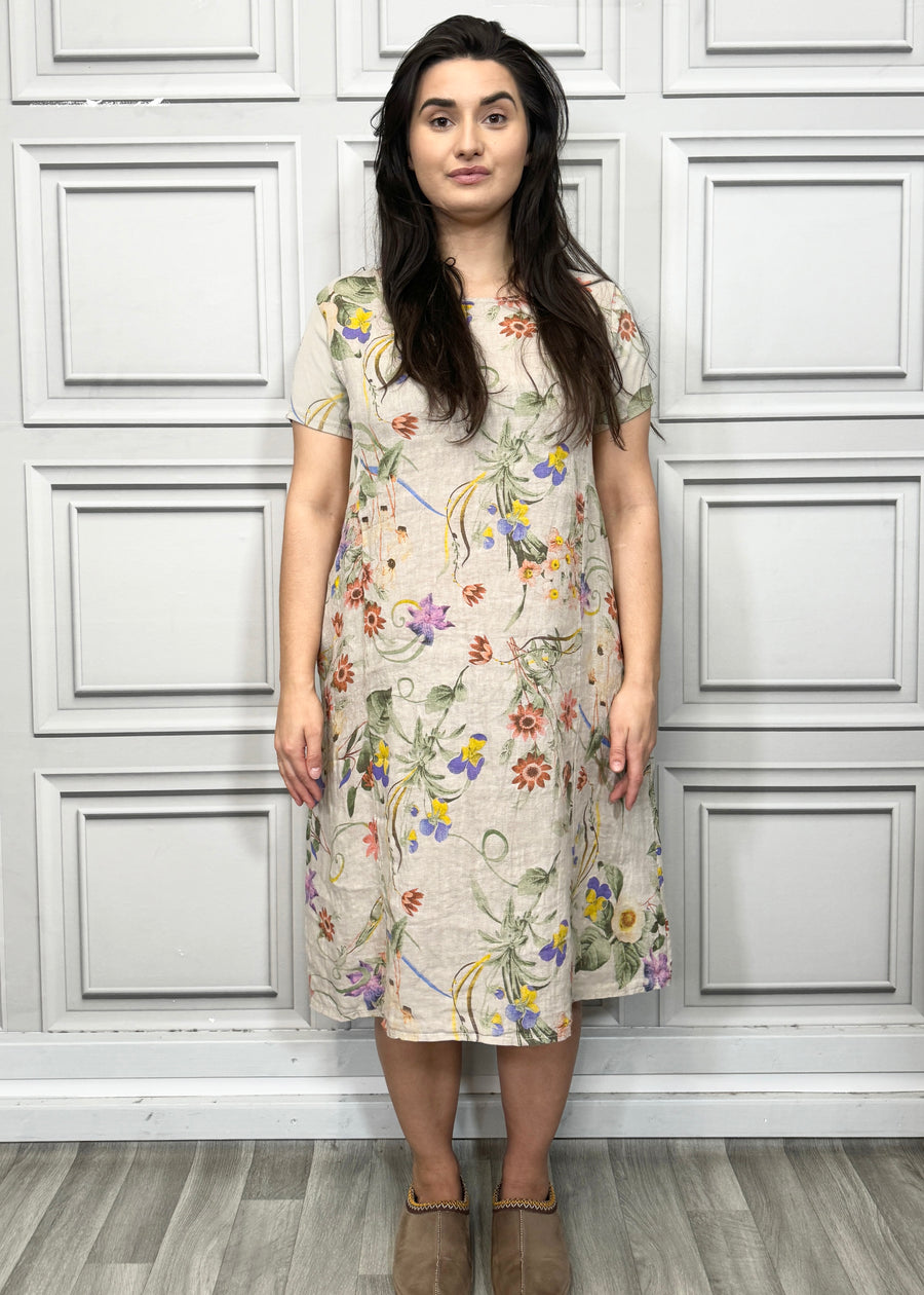 Floral Print Pure Linen Midi Dress with Pockets and Ribbed Stretchy Sides