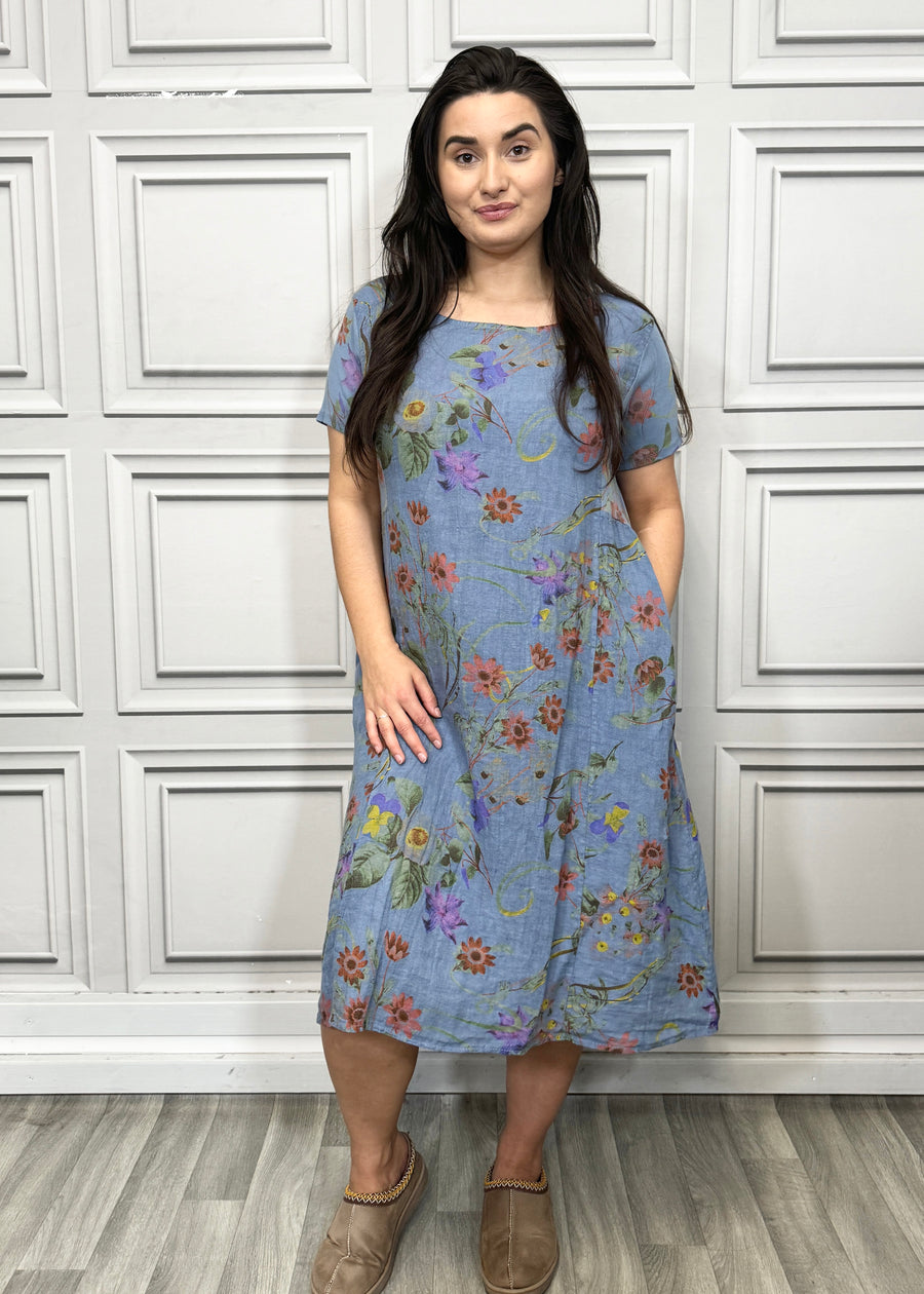 Floral Print Pure Linen Midi Dress with Pockets and Ribbed Stretchy Sides