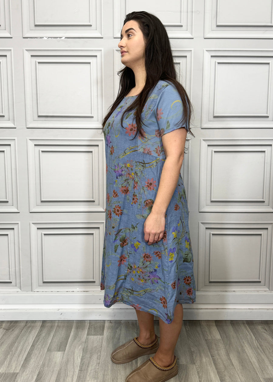 Floral Print Pure Linen Midi Dress with Pockets and Ribbed Stretchy Sides