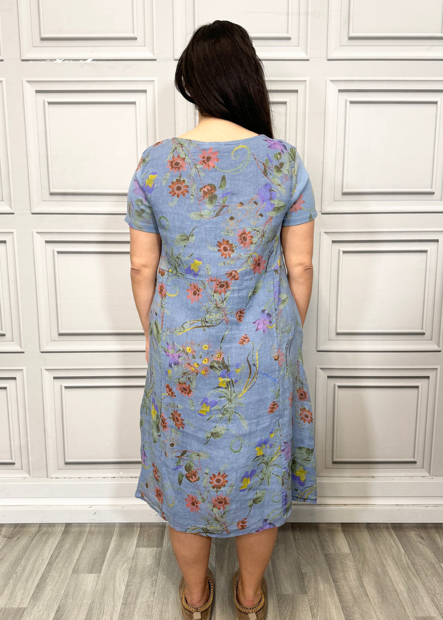 Floral Print Pure Linen Midi Dress with Pockets and Ribbed Stretchy Sides