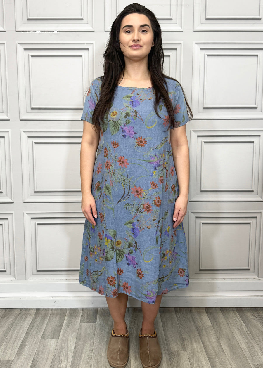 Floral Print Pure Linen Midi Dress with Pockets and Ribbed Stretchy Sides