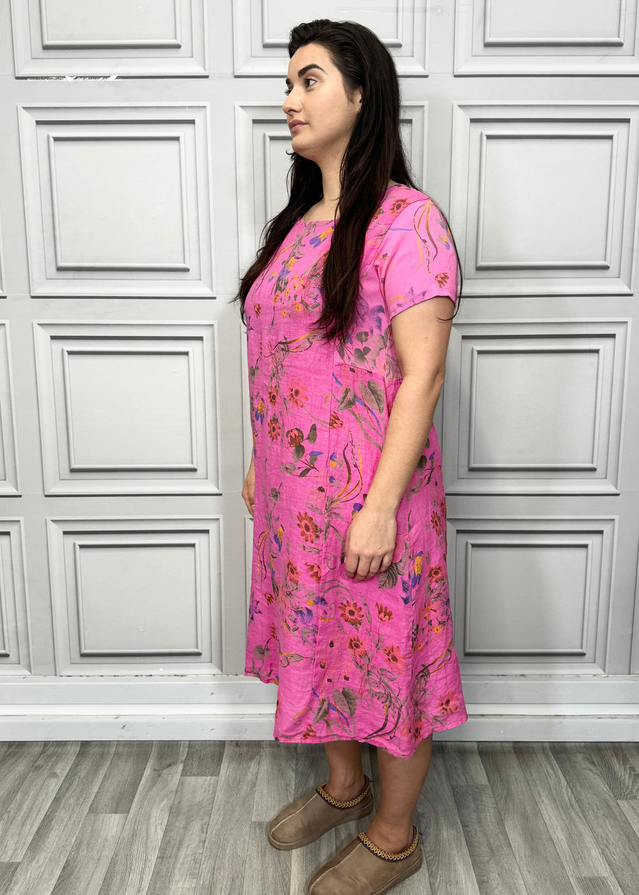 Floral Print Pure Linen Midi Dress with Pockets and Ribbed Stretchy Sides