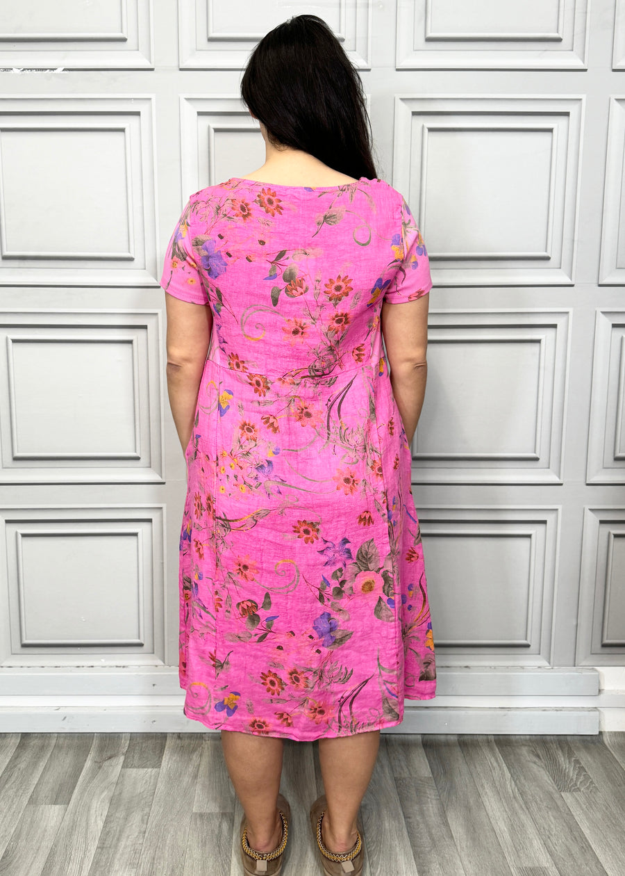 Floral Print Pure Linen Midi Dress with Pockets and Ribbed Stretchy Sides