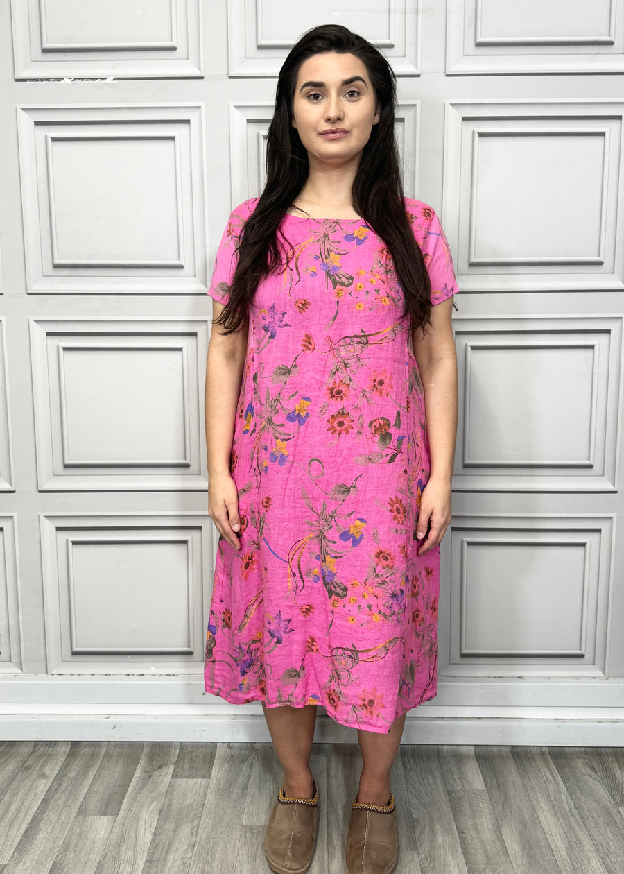 Floral Print Pure Linen Midi Dress with Pockets and Ribbed Stretchy Sides