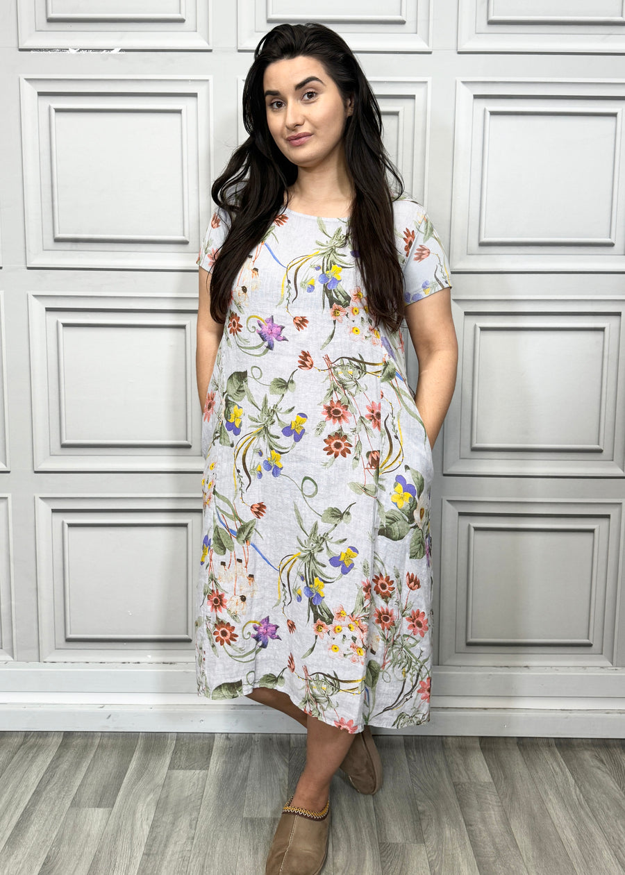 Floral Print Pure Linen Midi Dress with Pockets and Ribbed Stretchy Sides