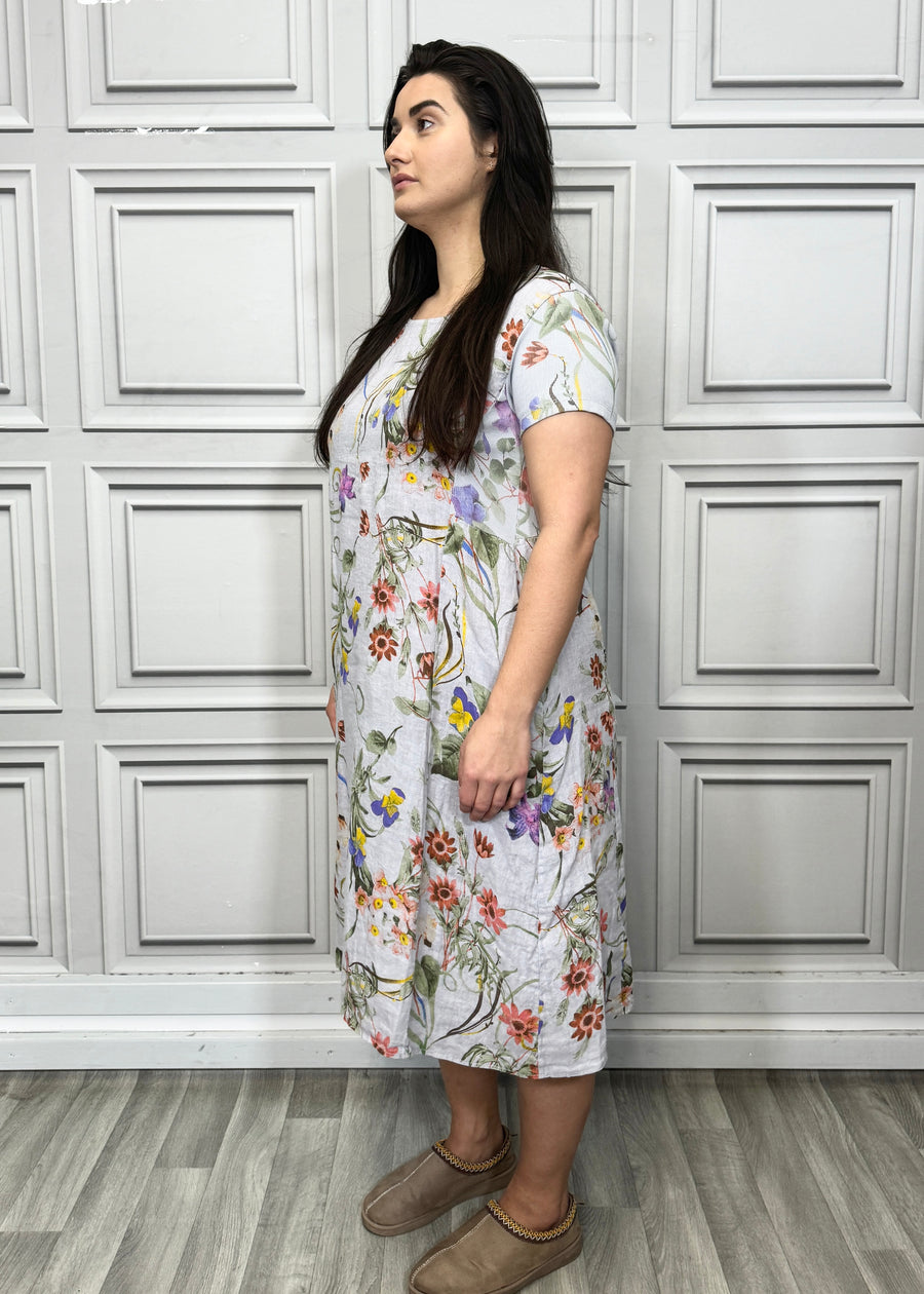 Floral Print Pure Linen Midi Dress with Pockets and Ribbed Stretchy Sides