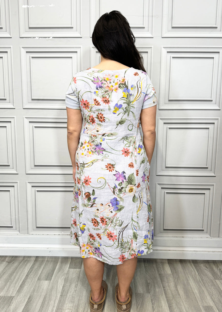 Floral Print Pure Linen Midi Dress with Pockets and Ribbed Stretchy Sides