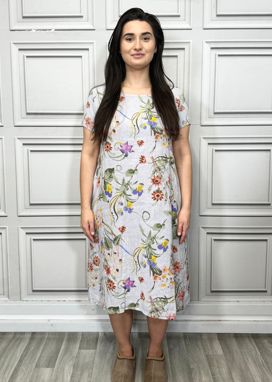 Floral Print Pure Linen Midi Dress with Pockets and Ribbed Stretchy Sides