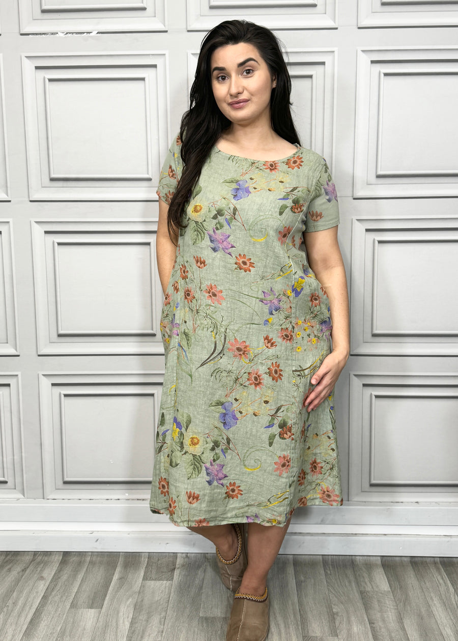 Floral Print Pure Linen Midi Dress with Pockets and Ribbed Stretchy Sides