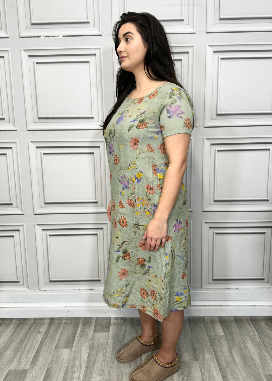 Floral Print Pure Linen Midi Dress with Pockets and Ribbed Stretchy Sides