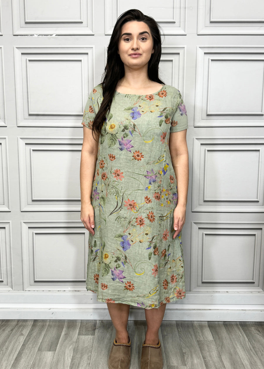 Floral Print Pure Linen Midi Dress with Pockets and Ribbed Stretchy Sides