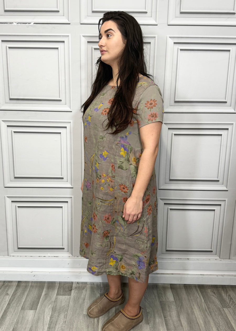 Floral Print Pure Linen Midi Dress with Pockets and Ribbed Stretchy Sides