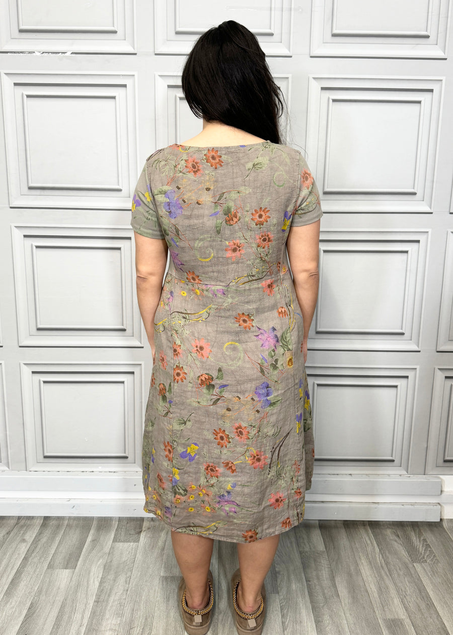 Floral Print Pure Linen Midi Dress with Pockets and Ribbed Stretchy Sides