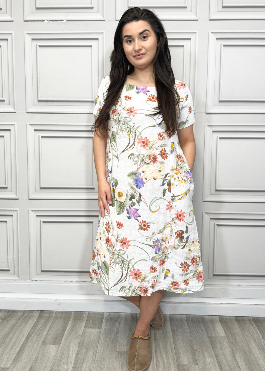 Floral Print Pure Linen Midi Dress with Pockets and Ribbed Stretchy Sides