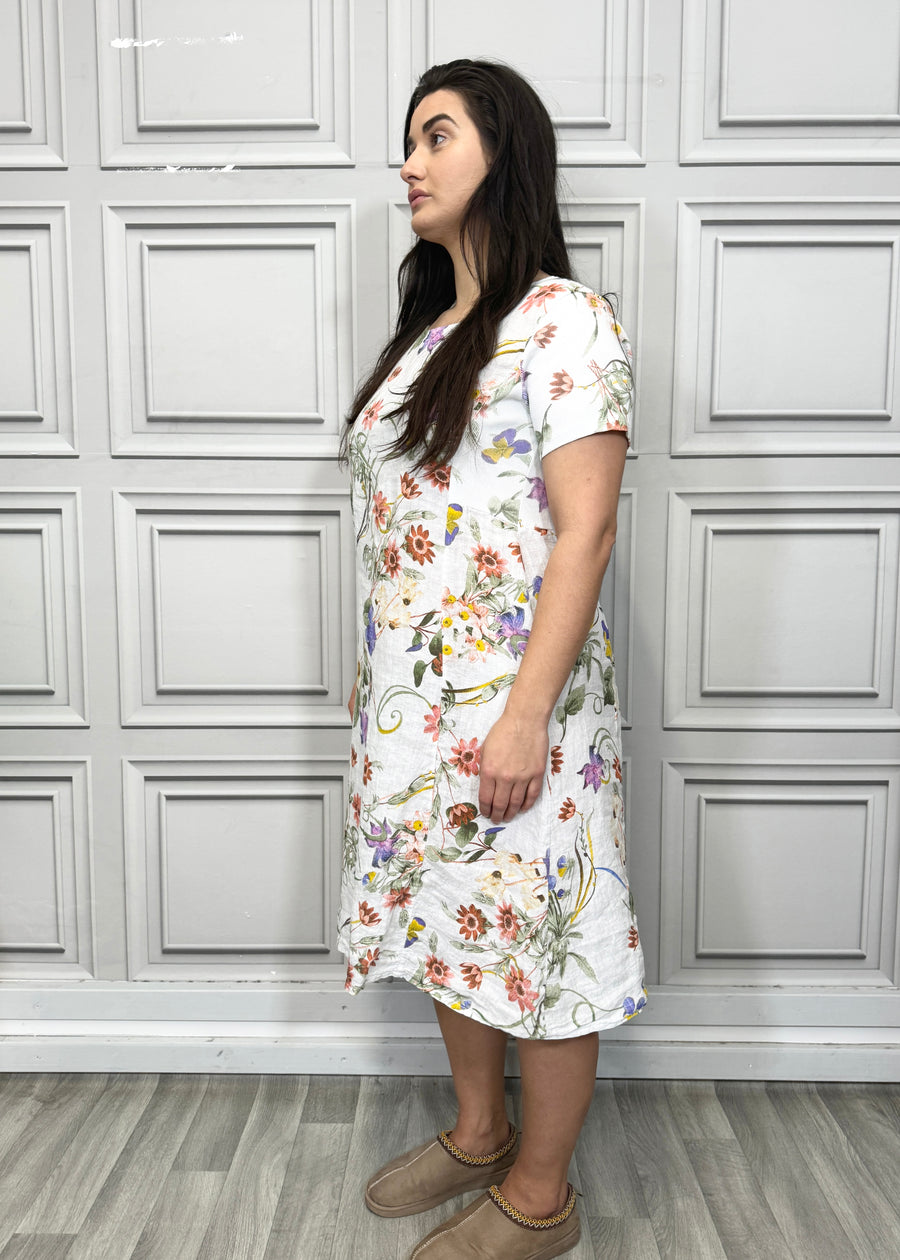 Floral Print Pure Linen Midi Dress with Pockets and Ribbed Stretchy Sides