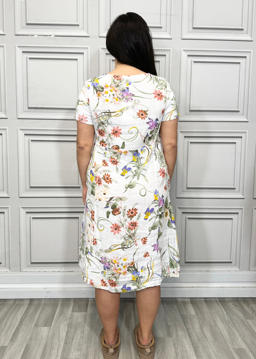 Floral Print Pure Linen Midi Dress with Pockets and Ribbed Stretchy Sides