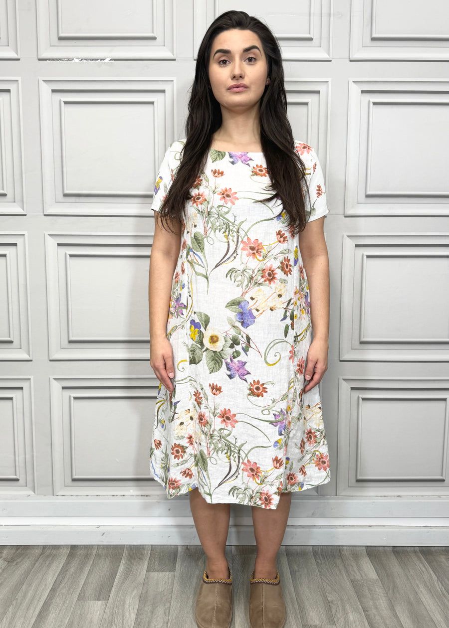 Floral Print Pure Linen Midi Dress with Pockets and Ribbed Stretchy Sides