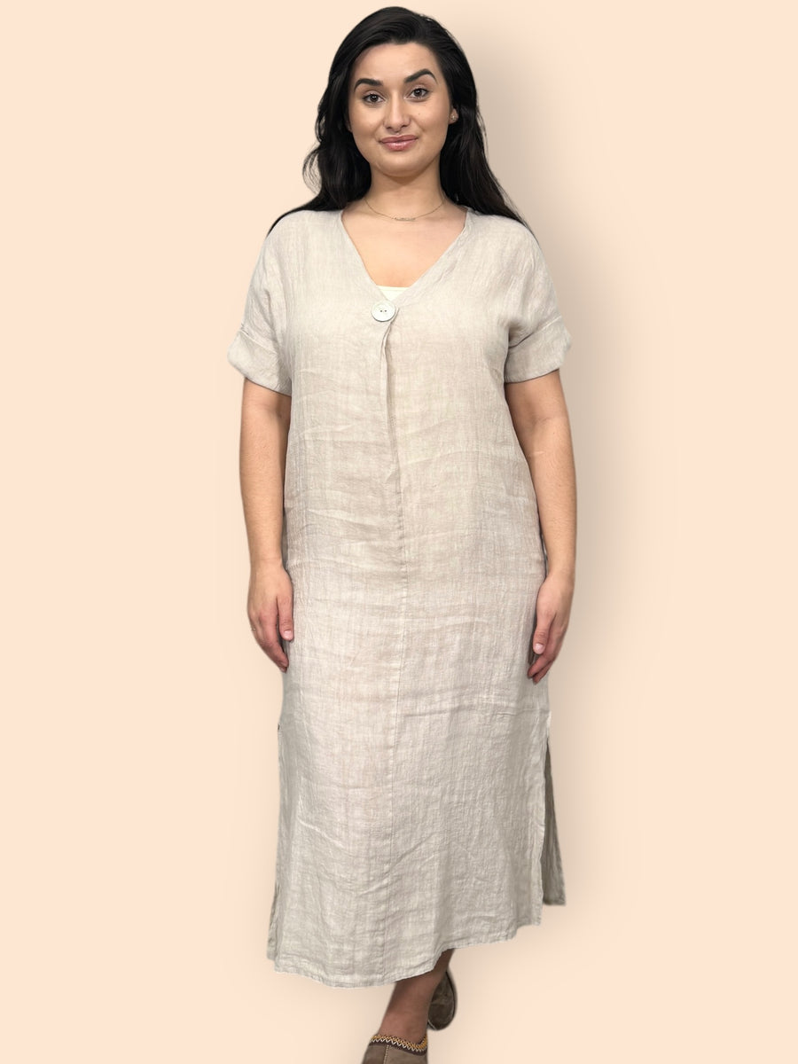 Eco-Friendly Sustainable Pure Linen Midaxi Dress with Decorative Button Front Pleat