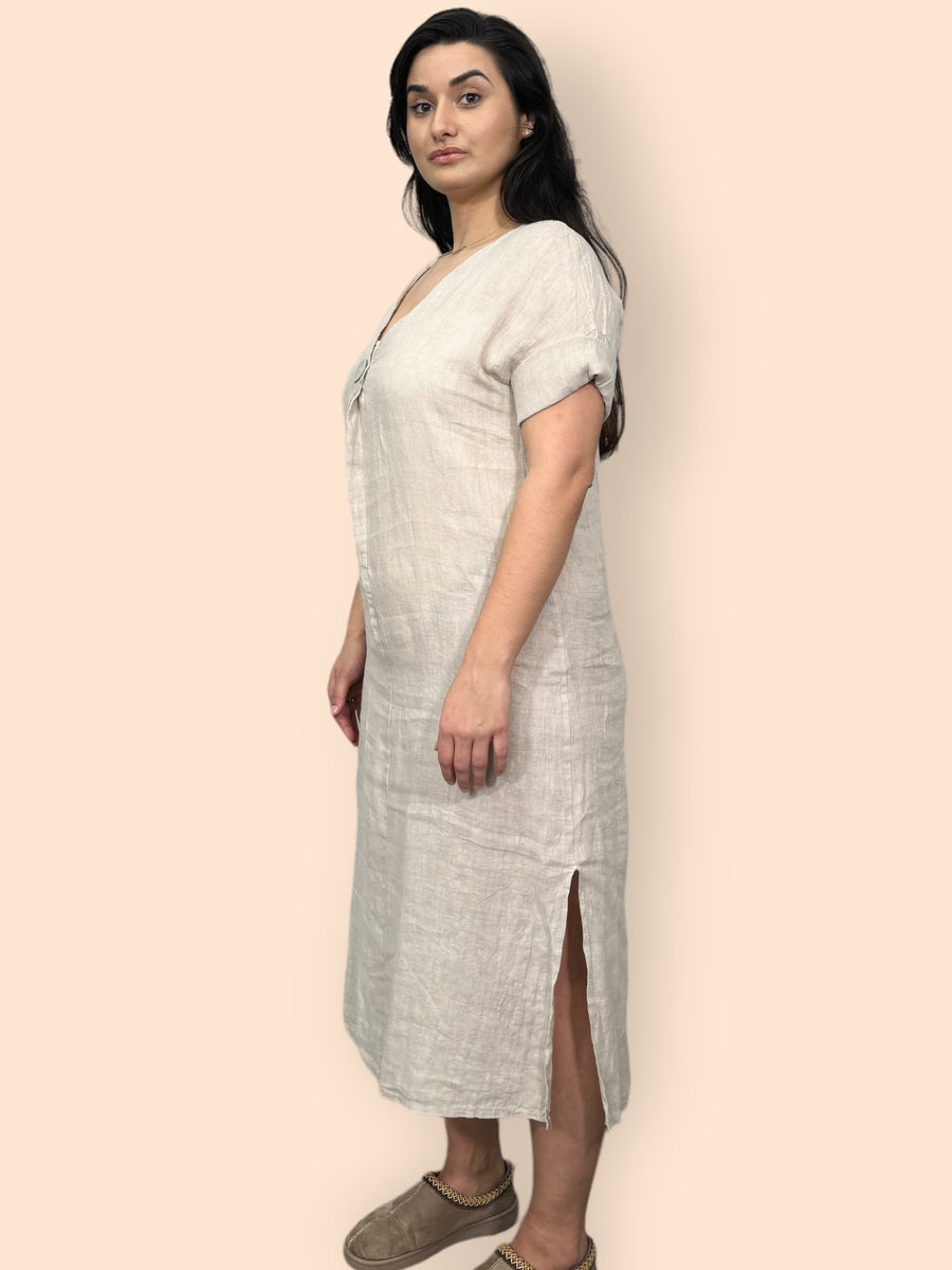 Eco-Friendly Sustainable Pure Linen Midaxi Dress with Decorative Button Front Pleat