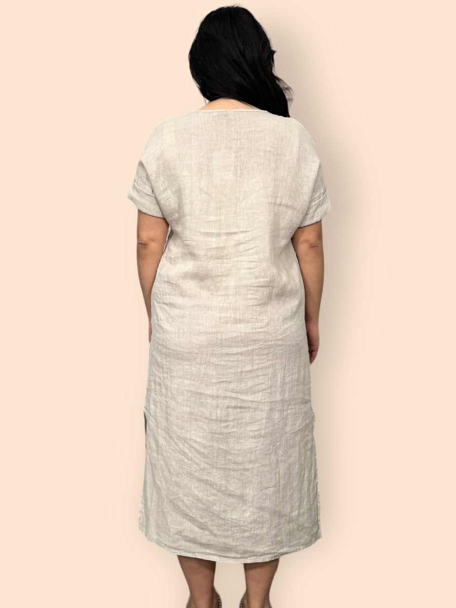 Eco-Friendly Sustainable Pure Linen Midaxi Dress with Decorative Button Front Pleat