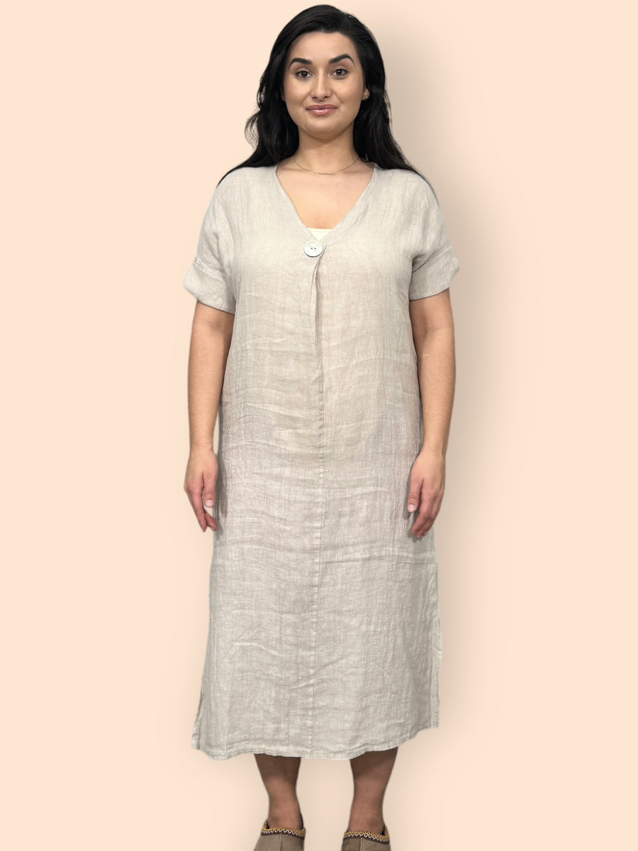 Eco-Friendly Sustainable Pure Linen Midaxi Dress with Decorative Button Front Pleat