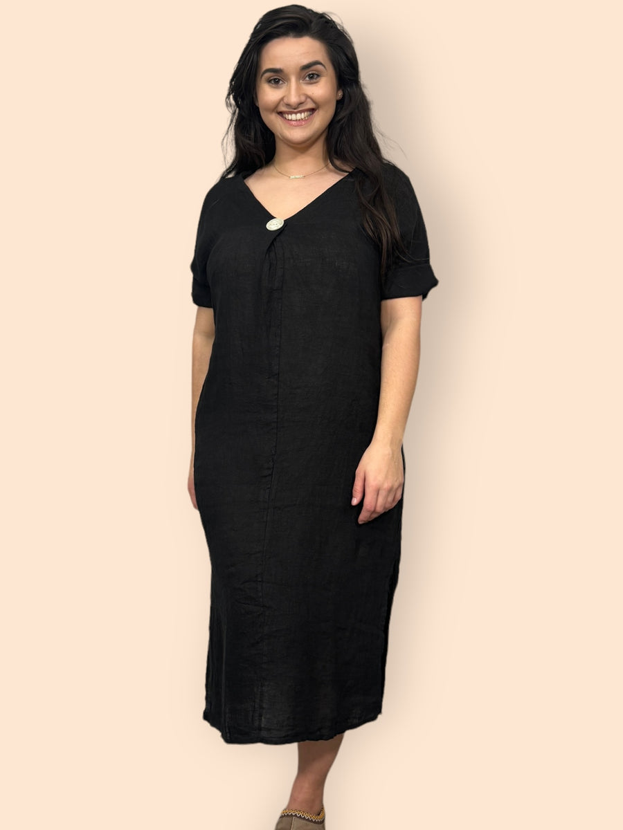 Eco-Friendly Sustainable Pure Linen Midaxi Dress with Decorative Button Front Pleat