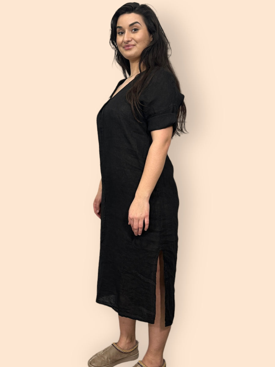 Eco-Friendly Sustainable Pure Linen Midaxi Dress with Decorative Button Front Pleat