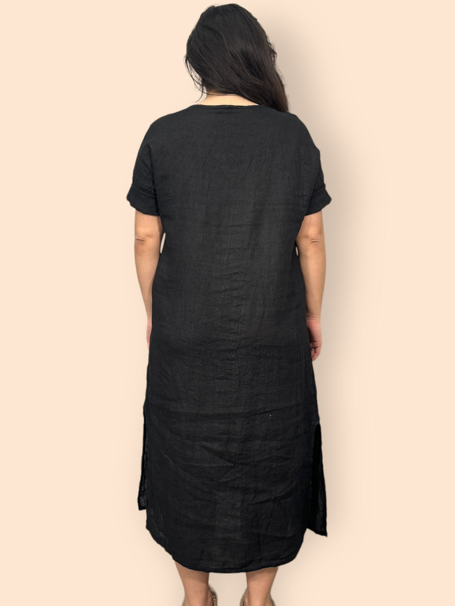 Eco-Friendly Sustainable Pure Linen Midaxi Dress with Decorative Button Front Pleat