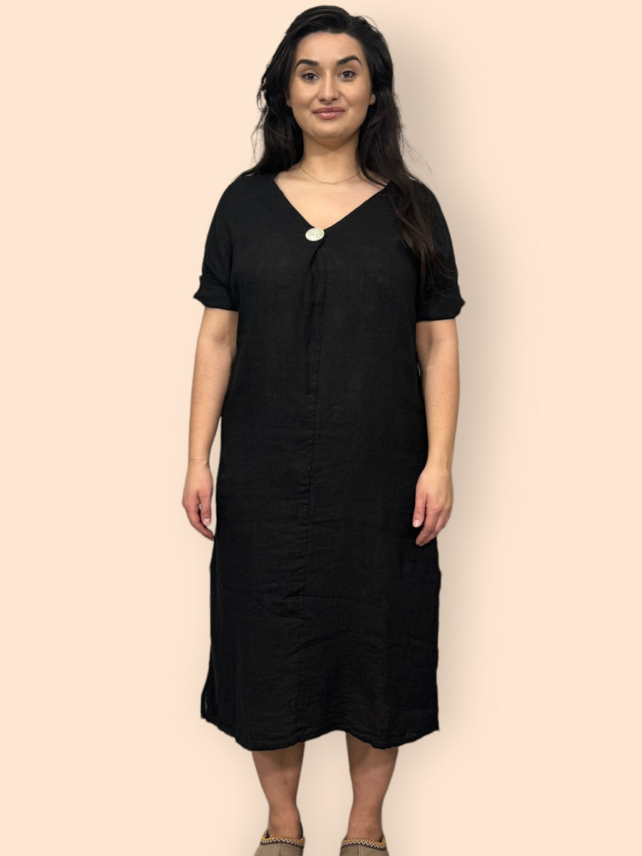 Eco-Friendly Sustainable Pure Linen Midaxi Dress with Decorative Button Front Pleat