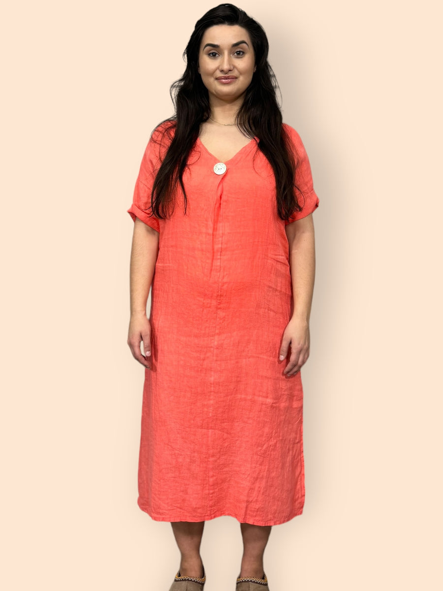 Eco-Friendly Sustainable Pure Linen Midaxi Dress with Decorative Button Front Pleat