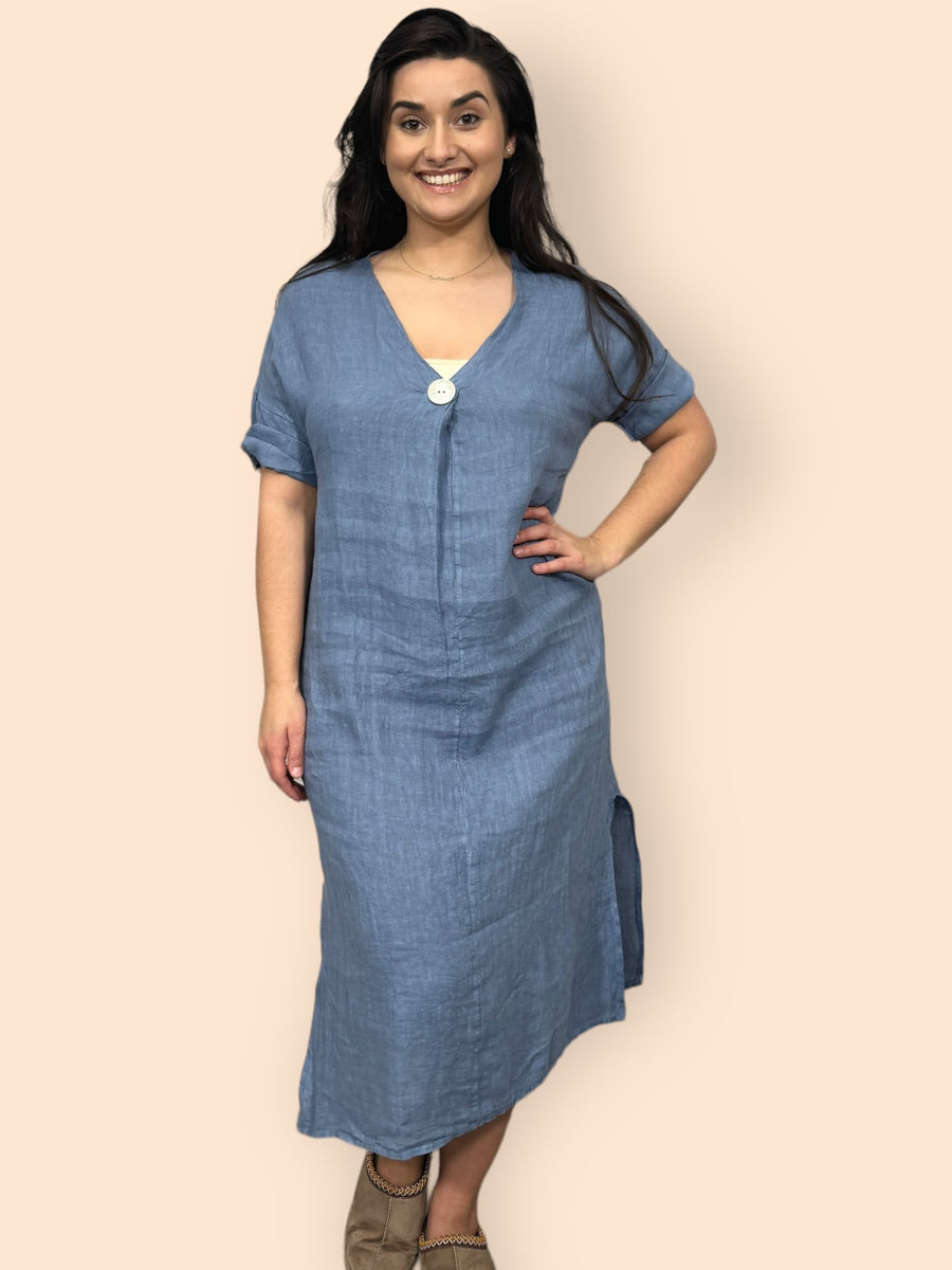 Eco-Friendly Sustainable Pure Linen Midaxi Dress with Decorative Button Front Pleat