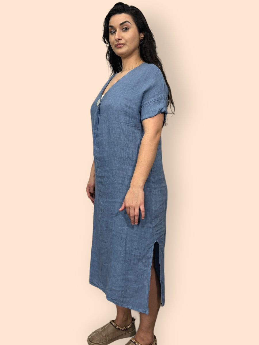 Eco-Friendly Sustainable Pure Linen Midaxi Dress with Decorative Button Front Pleat