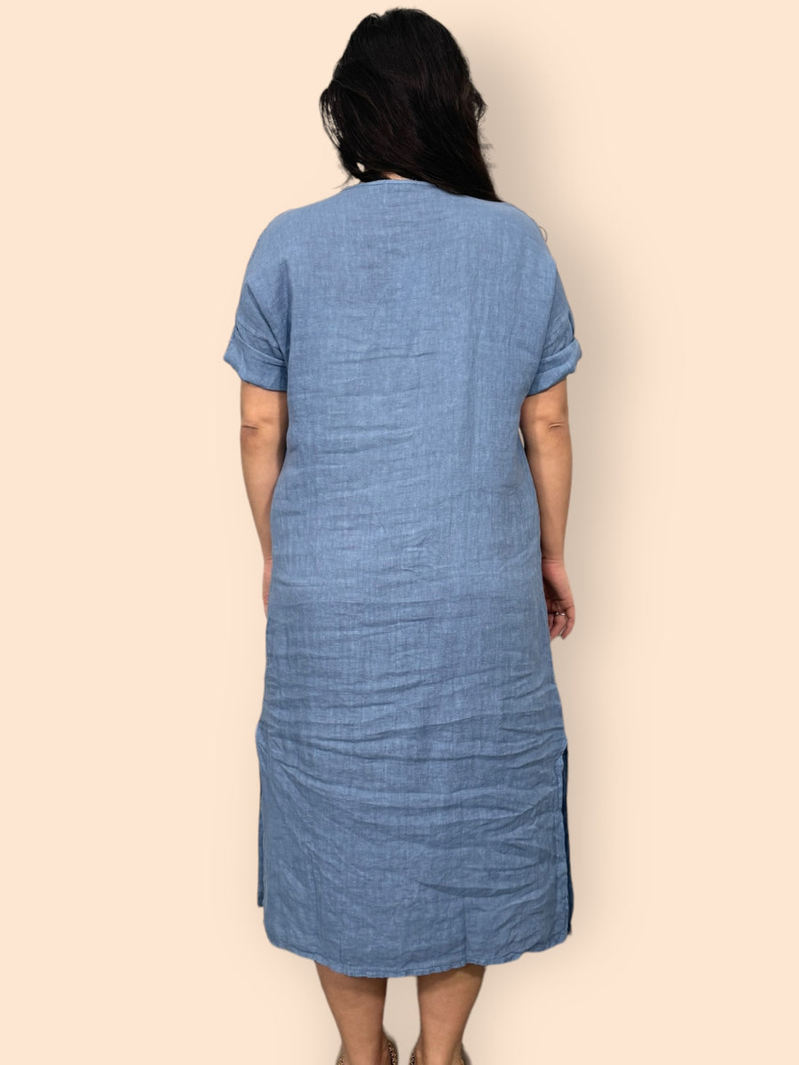 Eco-Friendly Sustainable Pure Linen Midaxi Dress with Decorative Button Front Pleat