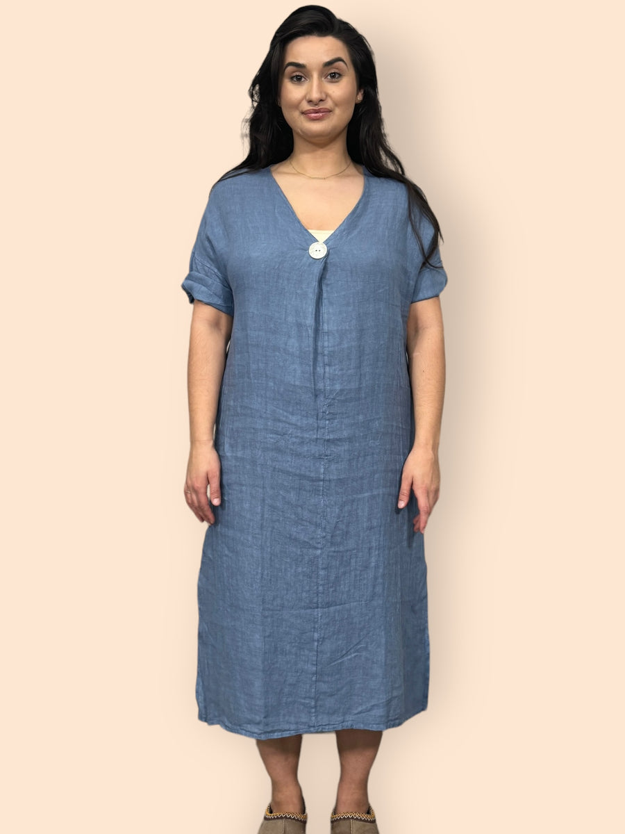 Eco-Friendly Sustainable Pure Linen Midaxi Dress with Decorative Button Front Pleat