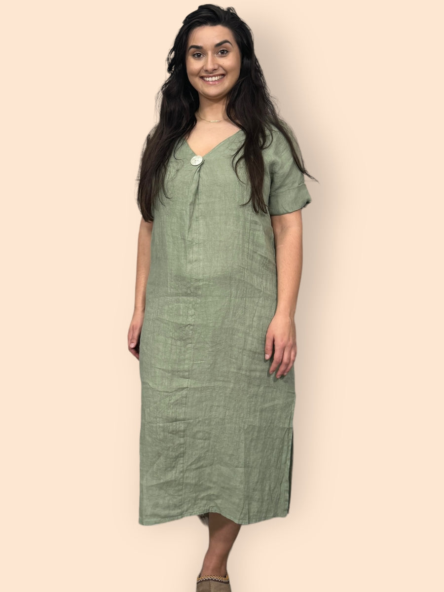 Eco-Friendly Sustainable Pure Linen Midaxi Dress with Decorative Button Front Pleat