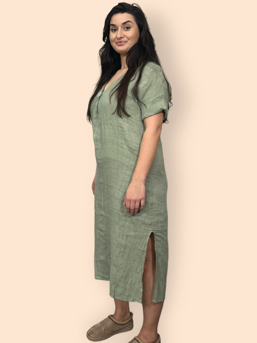 Eco-Friendly Sustainable Pure Linen Midaxi Dress with Decorative Button Front Pleat