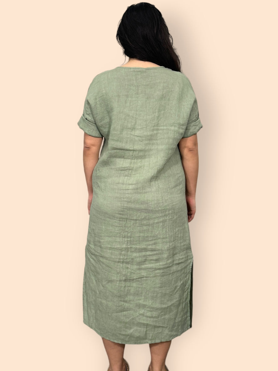 Eco-Friendly Sustainable Pure Linen Midaxi Dress with Decorative Button Front Pleat