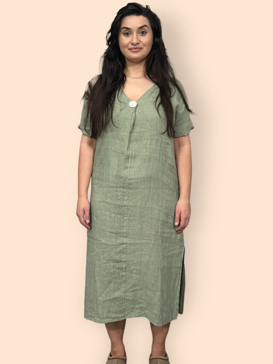 Eco-Friendly Sustainable Pure Linen Midaxi Dress with Decorative Button Front Pleat