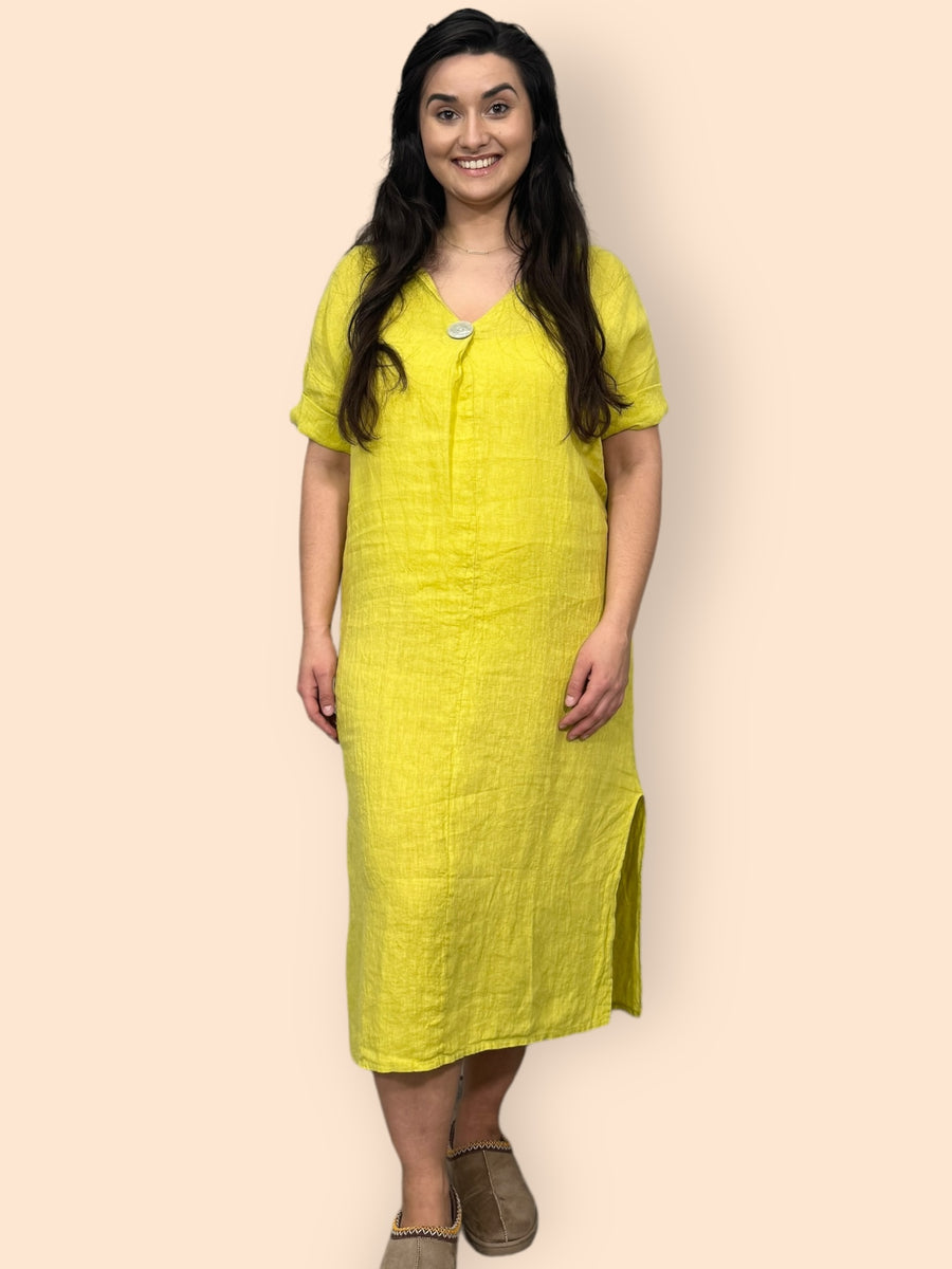 Eco-Friendly Sustainable Pure Linen Midaxi Dress with Decorative Button Front Pleat