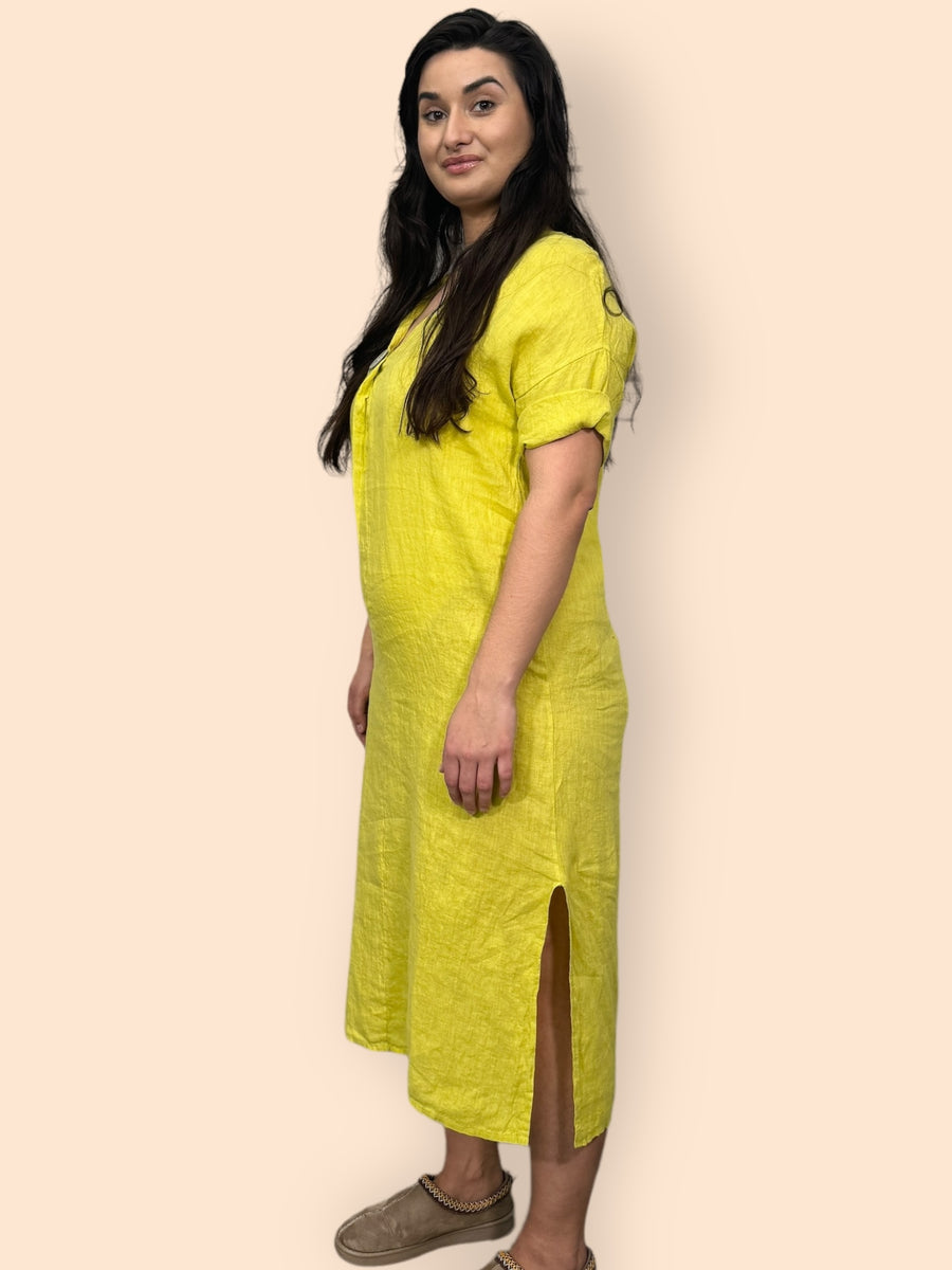 Eco-Friendly Sustainable Pure Linen Midaxi Dress with Decorative Button Front Pleat