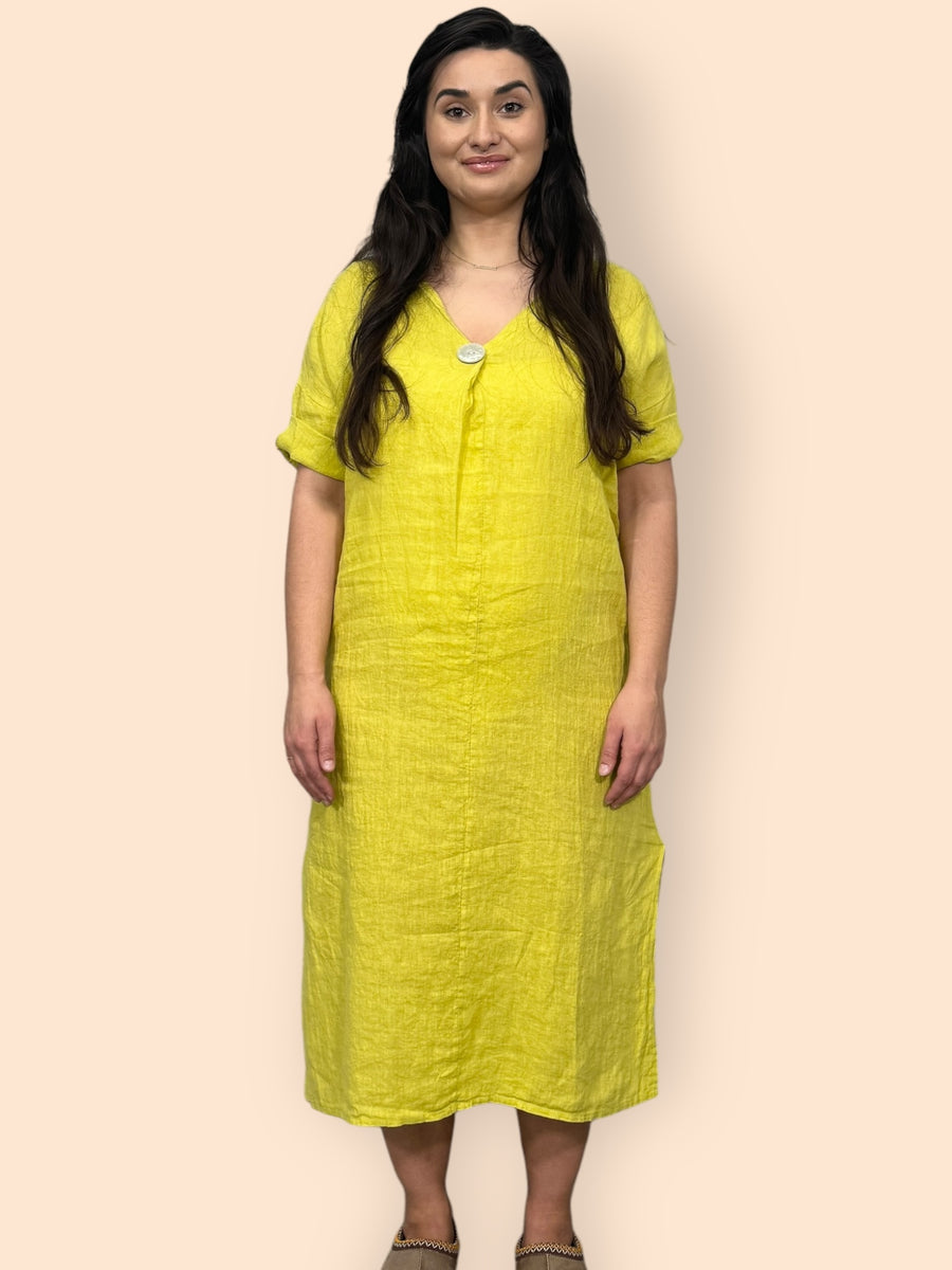 Eco-Friendly Sustainable Pure Linen Midaxi Dress with Decorative Button Front Pleat