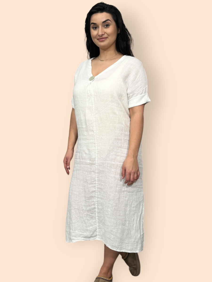 Eco-Friendly Sustainable Pure Linen Midaxi Dress with Decorative Button Front Pleat