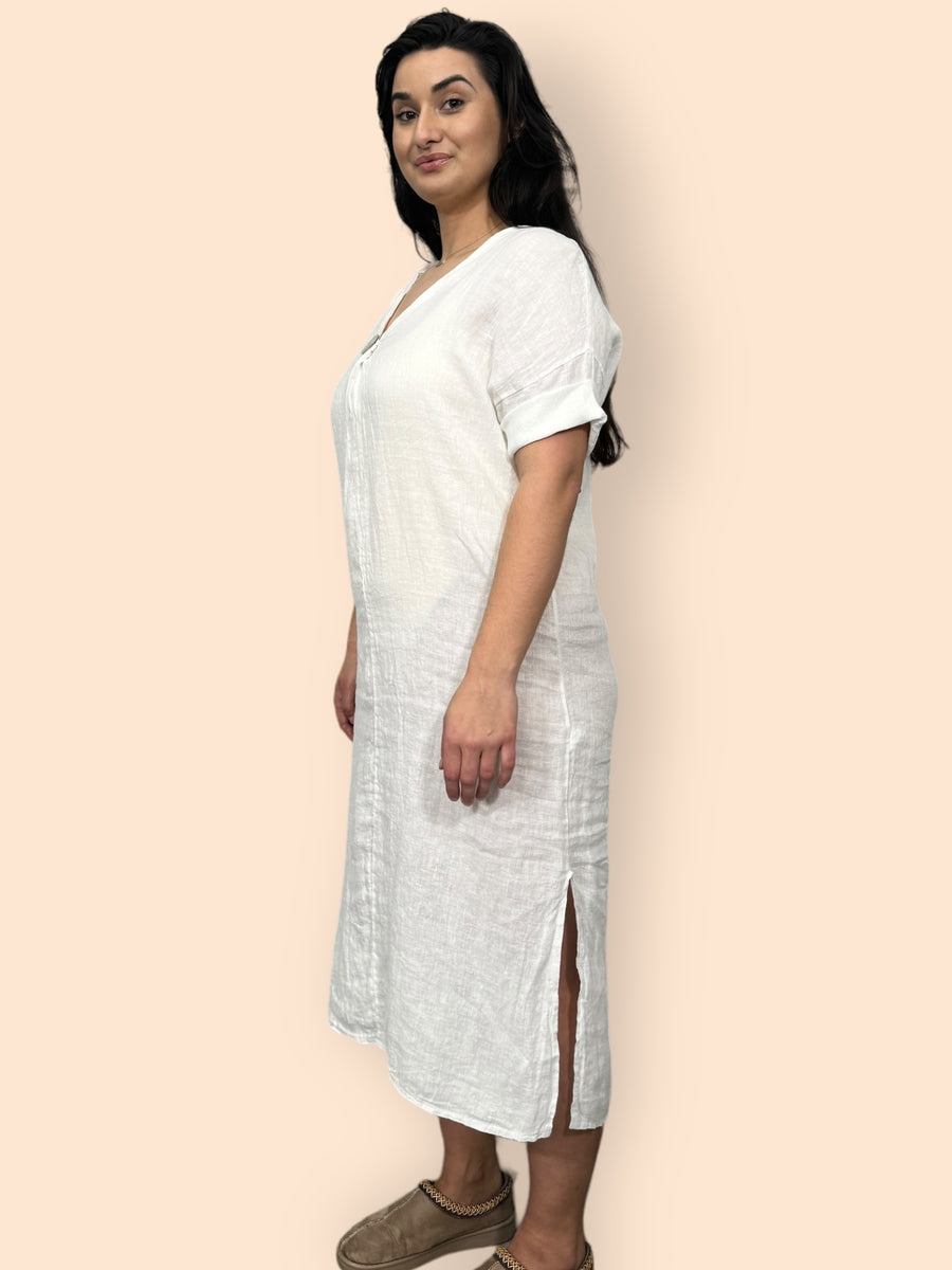 Eco-Friendly Sustainable Pure Linen Midaxi Dress with Decorative Button Front Pleat