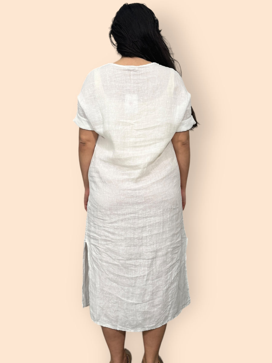 Eco-Friendly Sustainable Pure Linen Midaxi Dress with Decorative Button Front Pleat