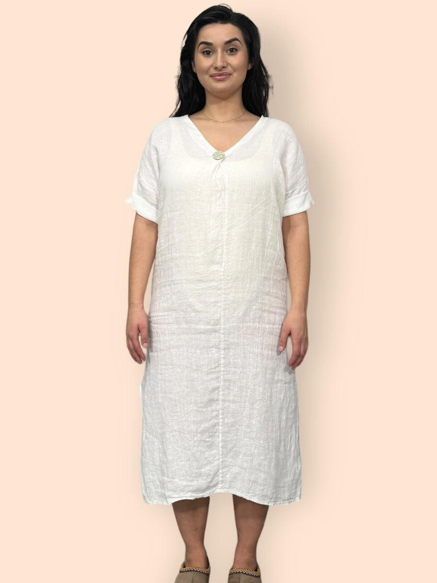 Eco-Friendly Sustainable Pure Linen Midaxi Dress with Decorative Button Front Pleat