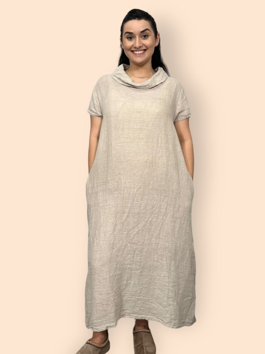 Eco-Friendly Sustainable Pure Linen Cowl Draped Neck Maxi Dress with Short Sleeves and Side Pockets