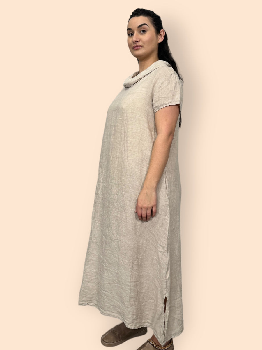 Eco-Friendly Sustainable Pure Linen Cowl Draped Neck Maxi Dress with Short Sleeves and Side Pockets